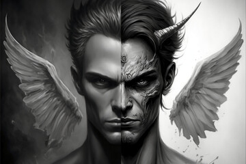 Half demon and half angel (man). Concept of good and evil, heaven and hell. Generative AI.