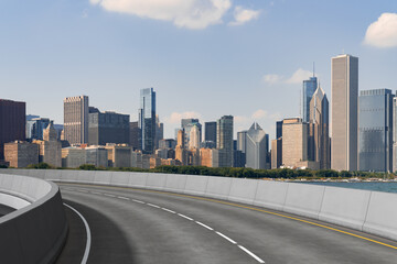 Fototapeta na wymiar Empty urban asphalt road exterior with city buildings background. New modern highway concrete construction. Concept of way to success. Transportation logistic industry fast delivery. Chicago. USA.