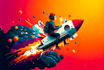 Rocket Office Desk Worker blast off marketing and sales graphics trichromatic color scheme for graphic designers copy space room for print