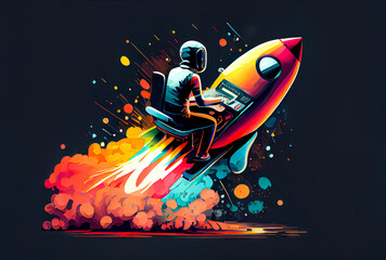 Rocket Office Desk Worker blast off marketing and sales graphics trichromatic color scheme for graphic designers copy space room for print © Bradley