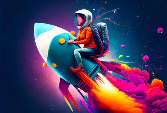 Rocket Office Desk Worker Blast Off Marketing And Sales Graphics Trichromatic Color Scheme For Graphic Designers Copy Space Room For Print