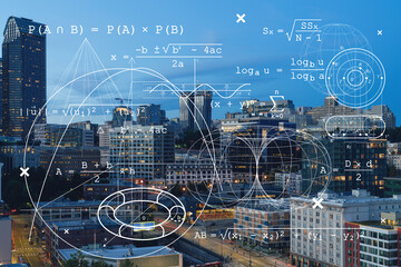 Seattle aerial skyline panorama of downtown skyscrapers at sunset, Washington USA. Technologies and education concept. Academic research, top ranking university, hologram