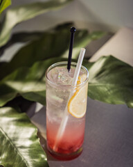 Specialty juice or cocktail on a table with foliage background and sunlight shining in