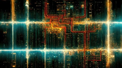 The lattice maze-like structure, the atmosphere of a global network of red, teal-and-orange futuristic CPU circuits Sci-fi chic cyberpunk graphic elements generated by Ai