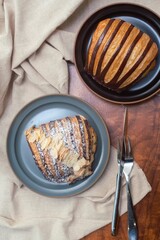 French croissant and pastry image. Close up pastry. Bread with wooden background.