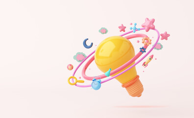 Education or creative kids light bulb space saturn ring orbit connected world technology pink pastel. Globalization internet spaceship science idea imagine brainstorm. clipping path. 3D illustration. © chawalit