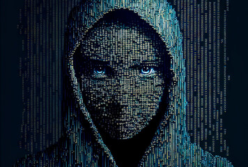 computer hacker made of 1000 diodes ransomware cyber security threat malware virus bad guy criminal technology inspired binary art illustration with room for print / copy space - obrazy, fototapety, plakaty