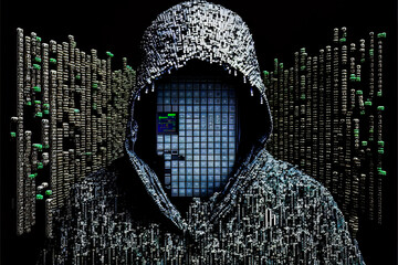 computer hacker made of 1000 diodes ransomware cyber security threat malware virus bad guy criminal technology inspired binary art illustration with room for print / copy space - obrazy, fototapety, plakaty