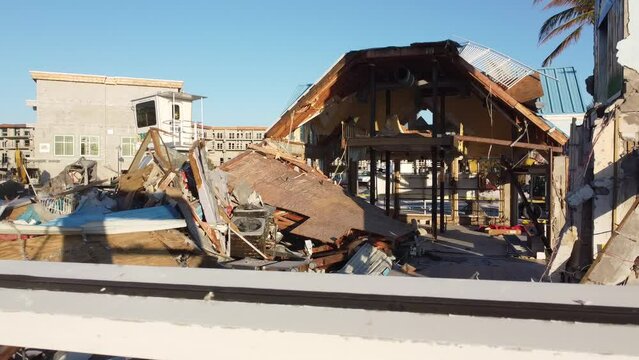 The Times Square area on Fort Myers Beach, FL is mostly reduced to rubble following the historic storm surge and winds from Hurricane Ian.