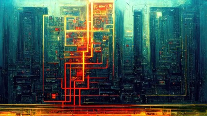 Fototapeta premium Lattice computer chip-like mechanical structure, teal and orange futuristic abstract CPU circuit global network atmosphere Sci-fi chic cyberpunk graphic elements generated by Ai