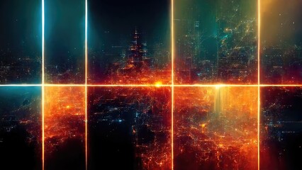Teal-and-orange urban distant views, gridded rays, CPU circuitry, abstract, Sci-fi style, cyberpunk advanced cutting-edge technology design elements, generated by Ai