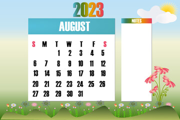 August 2023 - Calendar. Week starts on