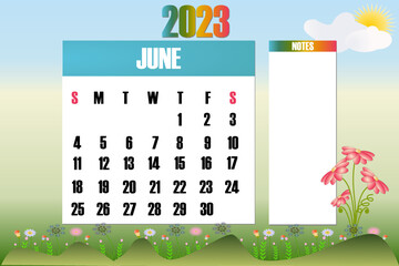 June 2023 - Calendar. Week starts on Sunday - stock vector illustration