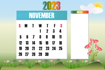 November 2023 - Calendar. Week starts on Sunday - stock vector illustration