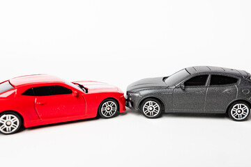 Obraz na płótnie Canvas Red sedan and black SUV are car crash accident isolated on white background top view insurance concept