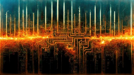 Fototapeta premium Maze mechanical structure, teal-and-orange futuristic abstract CPU circuitry global network atmosphere Sci-fi chic cyberpunk graphic elements generated by Ai