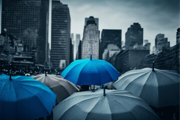 Blue umbrella on top of other gray umbrellas on city background. Occupational safety concept. Generative AI