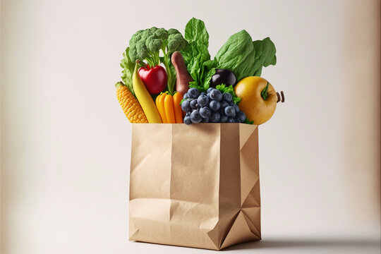 fresh vegetables and fruits in a paper shopping bag. Generative AI
