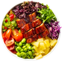 Cercles muraux Manger Healthy food eating poke bowls top down view cut out, transparent background