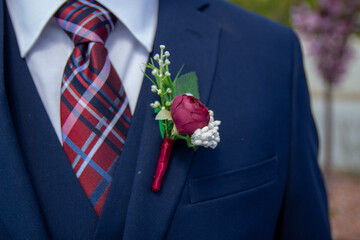 groom in suit with rose