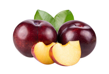 red cherry plum with green leaves isolated on transparent png
