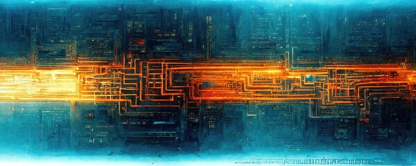 Substrate structure and strung lines, Teal and orange futuristic abstract CPU circuit global network atmosphere Sci-fi chic cyberpunk graphic elements generated by Ai