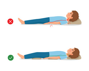Incorrect and correct neck, spine and knee alignment of young man back sleeping body postures