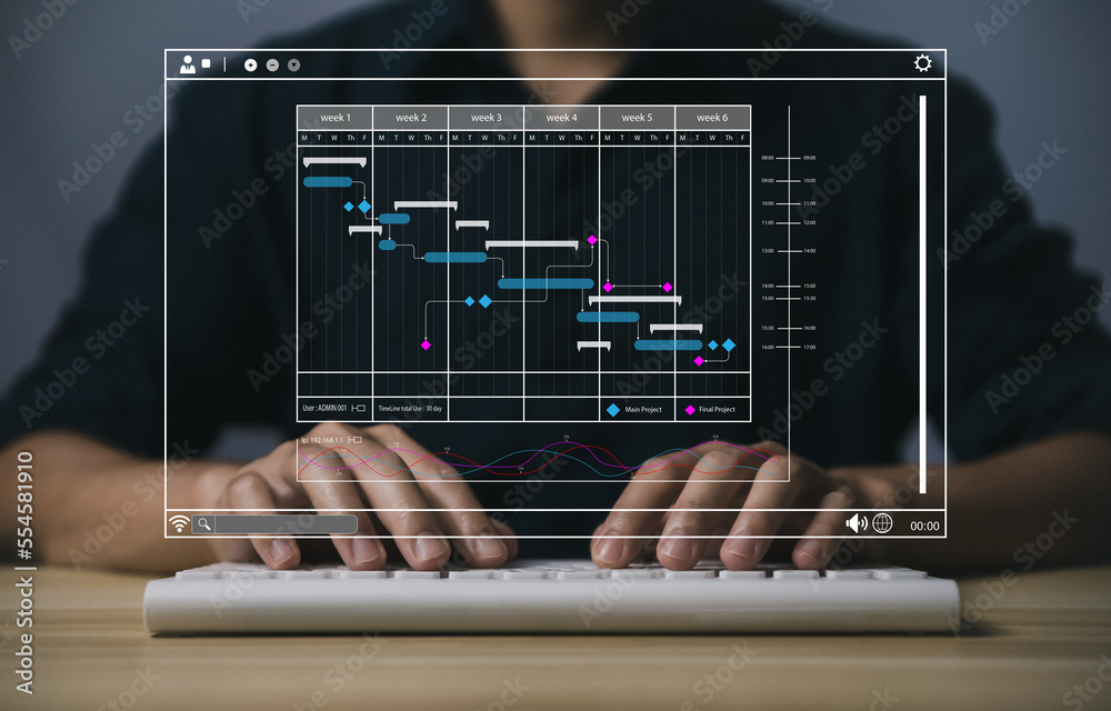 Poster male manager managing business planning project schedule in the office. gantt chart showing on virtu