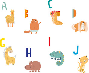 Vector alphabet with animals in cartoon style. Part 1.