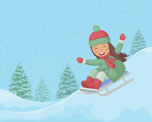 The girl rolls down the mountain on a sleigh. Winter illustration with a cheerful girl sledding down the mountain. A child in a cartoon style, riding a sleigh, in the woods. Vector