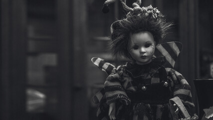 Fototapeta na wymiar Scary children's doll from horror movies. Monochrome toy portrait..