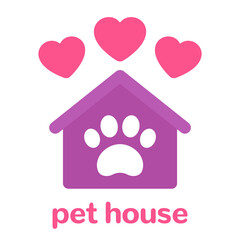 pet house logo, paw and home with hearts