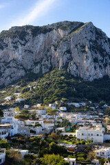 Touristic Town on Capri Island in Bay of Naples, Italy. Sunny Blue Sky.