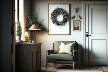 Natural chistmas tree near sofa on the white wall background. Minimal decoration at home