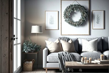 Natural chistmas tree near sofa on the white wall background. Minimal decoration at home