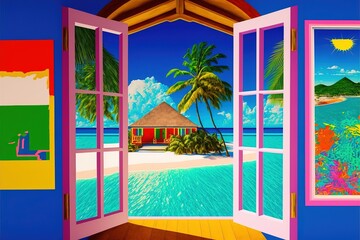 Exotic island vacation villa with view over ocean and beach - luxurious summer holiday destination getaway.