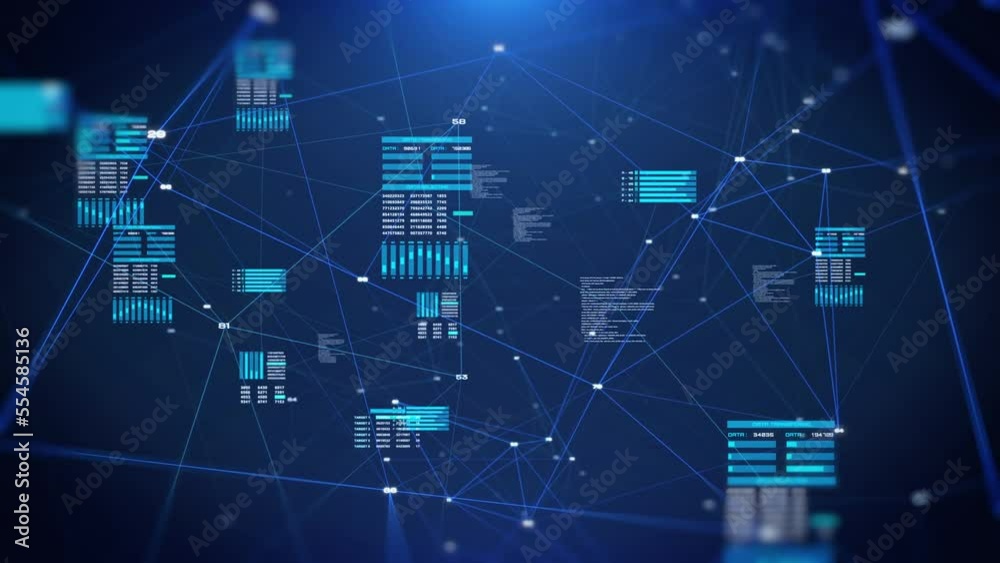 Poster HUD digital futuristic information fly through the data network communication. High speed cyberspace technology display information 4K motion background.