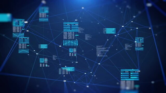 HUD digital futuristic information fly through the data network communication. High speed cyberspace technology display information 4K motion background.