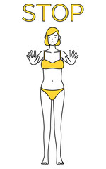 ストップの合図、体の前に手を突き出す下着姿の女性、脱毛やエステサロンのイメージ