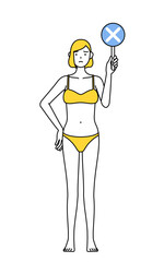 不正解を示すバツの棒を持つ下着姿の女性、脱毛やエステサロンのイメージ