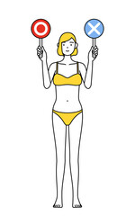 正解と不正解を示す棒を持つ下着姿の女性、脱毛やエステサロンのイメージ