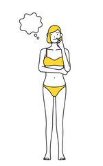 顔をかきながら考える下着姿の女性、脱毛やエステサロンのイメージ