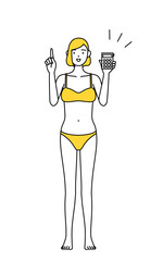 電卓を持って指さす下着姿の女性、脱毛やエステサロンのイメージ