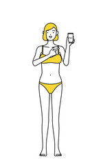 スマホのキャッシュレス・オンライン決済を勧める下着姿の女性、脱毛やエステサロンのイメージ