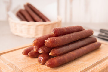 Chinese pork sausage or lap chiong or lap cheong, is a dry sausage with a sweet but savory and fatty taste. Can be used as an additional ingredient for Chinese food