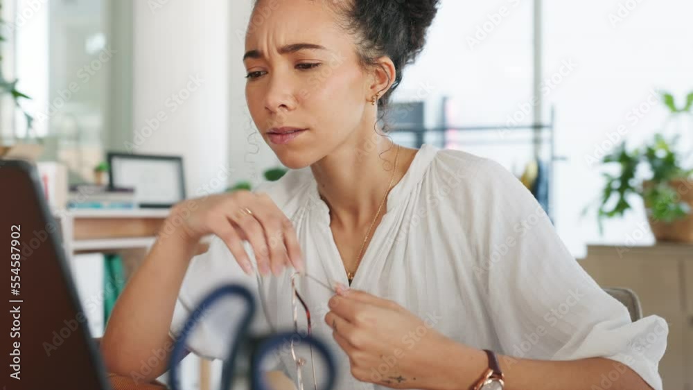 Poster glitch, laptop and black woman with doubt in office with 404 error or spam email in creative workpla