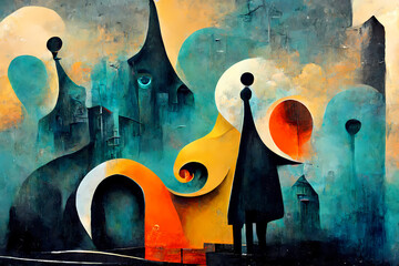 Surrealist painting featuring strange shapes with figures wondering around