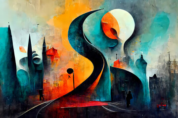 Surrealist painting featuring strange shapes with figures wondering around