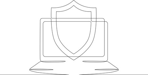 One continuous line. Protection of information. Shield and laptop. Open laptop. Information Security. Saving data. One continuous line on a white background.