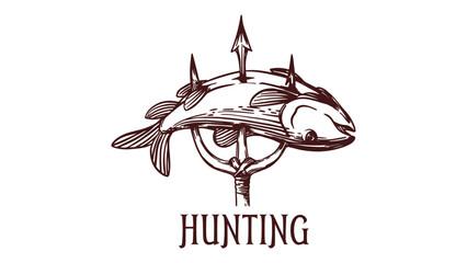illustration of hunting fish with a trident spear. shirt design, outdoor. - obrazy, fototapety, plakaty